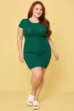 Green Short Sleeve Green Rib Basic Dress