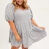 Grey Tiered Dress Puff Sleeve Round Neck
