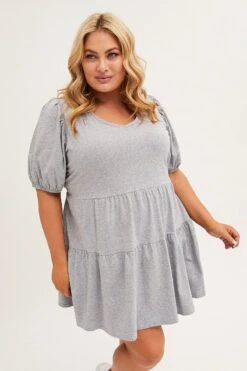 Grey Tiered Dress Puff Sleeve Round Neck -You And All Fashion Store cbsc1641 84j grey marle 3