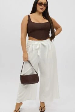 White Cotton Paperbag Waist Wide Leg Pants With Tie Belt