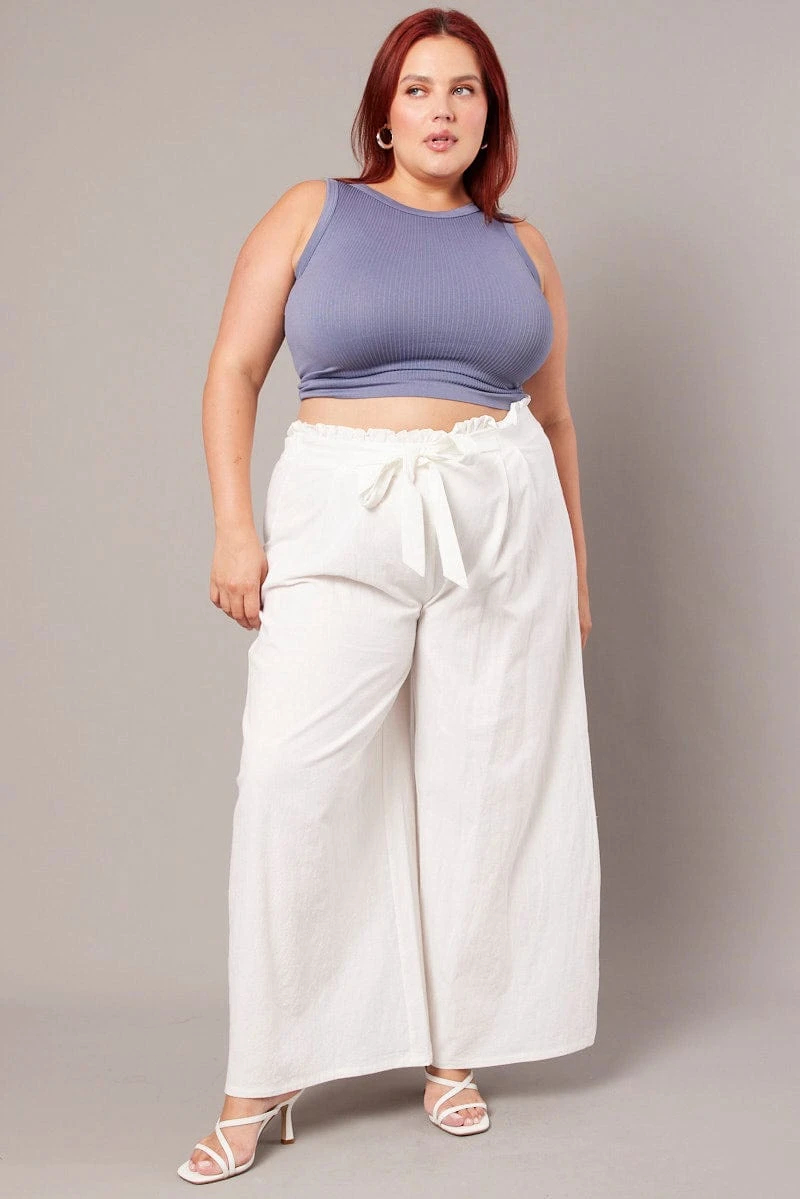 White Wide Leg Pants High Rise Waist Tie Crop 2 White Wide Leg Pants High Rise Waist Tie Crop - Image 2