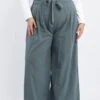 Green Washer Cotton Paperbag Wide Leg Pants
