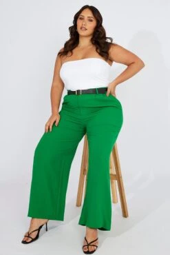 Green Wide Leg Pants High Waist Button Front