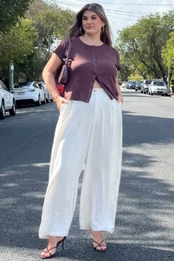 Beige Linen Blend Tailored Wide Leg Pants
