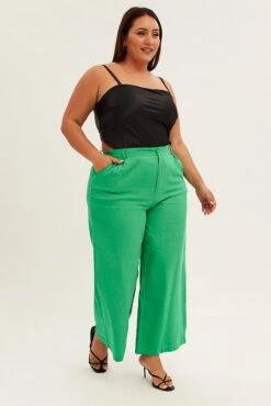 Green Wide Leg Pant High Waist Cotton