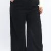 Black Back Pocket Linen Blend Wide Leg Pants