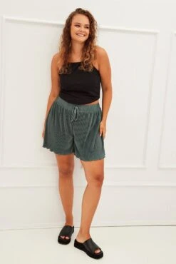 Green High Rise Plisse Elastic Waist Shorts -You And All Fashion Store cbt1071x 36pb olive 3