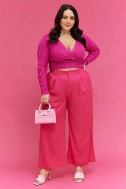 Pink Wide Leg Pants High Rise Linen Blend
