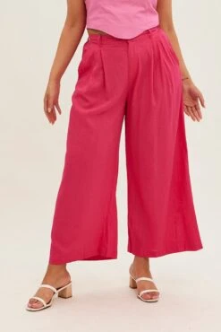 Pink Wide Leg Pants High Rise Linen Blend -You And All Fashion Store cbt1134 34pb h pink 3