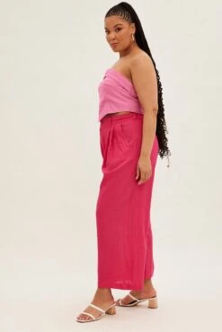 Pink Wide Leg Pants High Rise Linen Blend -You And All Fashion Store cbt1134 34pb h pink 4