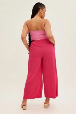 Pink Wide Leg Pants High Rise Linen Blend -You And All Fashion Store cbt1134 34pb h pink 5