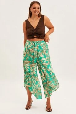 Green Floral Wide Pant Elastic Waist Split Leg -You And All Fashion Store cbt11747b 81ab floral 3