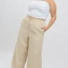 Beige Elastic Waist Wide Leg Linen Viscose Pants