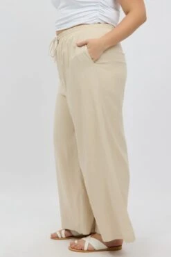 Beige Elastic Waist Wide Leg Linen Viscose Pants -You And All Fashion Store cbt1204 47a oatmeal 4