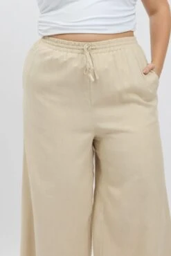 Beige Elastic Waist Wide Leg Linen Viscose Pants -You And All Fashion Store cbt1204 47a oatmeal 6