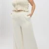 White Elastic Waist Wide Leg Linen Viscose Pants