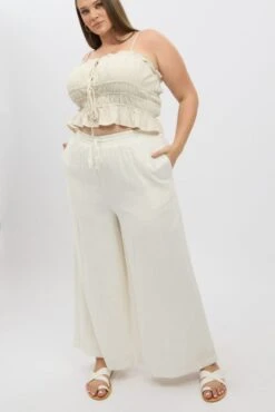 White Elastic Waist Wide Leg Linen Viscose Pants