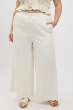White Elastic Waist Wide Leg Linen Viscose Pants -You And All Fashion Store cbt1204 47a white 3