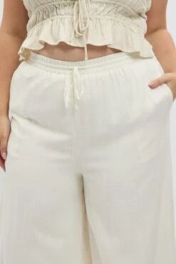 White Elastic Waist Wide Leg Linen Viscose Pants -You And All Fashion Store cbt1204 47a white 6
