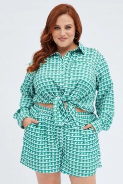 Green Geo Mini Shorts High Rise Elasticated Waist