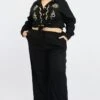 Black Linen Blend Drawstring Waist Wide Leg Pants