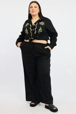 Black Linen Blend Drawstring Waist Wide Leg Pants