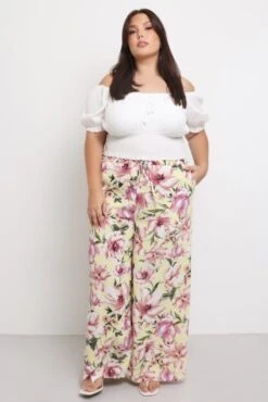 Yellow Floral Drawstring Waist Floral Wide Leg Pants