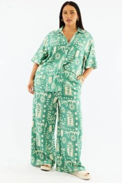 Green Abstract Wide Leg Linen Blend Drawstring Pants -You And All Fashion Store cbt13064dx 47a abstract 3