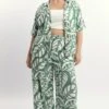 Green Abstract Elastic Waist Linen Blend Wide Leg Pants