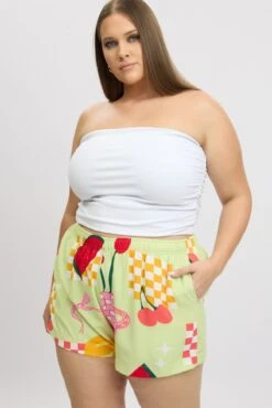 Green Abstract Elastic Waist Shorts