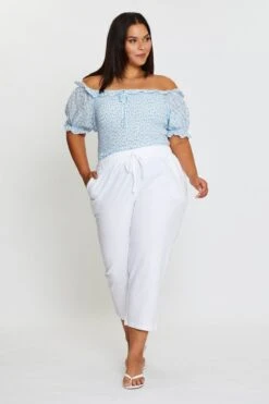 White Slim Leg Pants High Rise Elastic Waist -You And All Fashion Store cbt1341 81b white 3