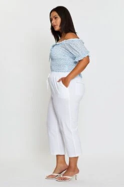 White Slim Leg Pants High Rise Elastic Waist -You And All Fashion Store cbt1341 81b white 4