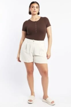 Beige Longline Tailored Linen Blend Shorts