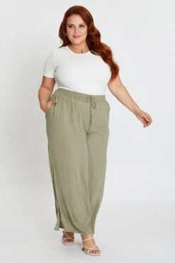 Green Elastic Waist Brown Crinkle Wide Leg Pants -You And All Fashion Store cbt14773 33ab khak 3 1
