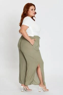 Green Elastic Waist Brown Crinkle Wide Leg Pants -You And All Fashion Store cbt14773 33ab khak 4 1