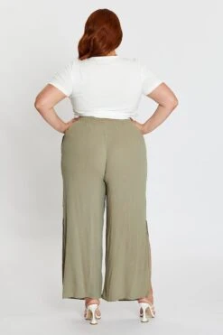 Green Elastic Waist Brown Crinkle Wide Leg Pants -You And All Fashion Store cbt14773 33ab khak 5 1