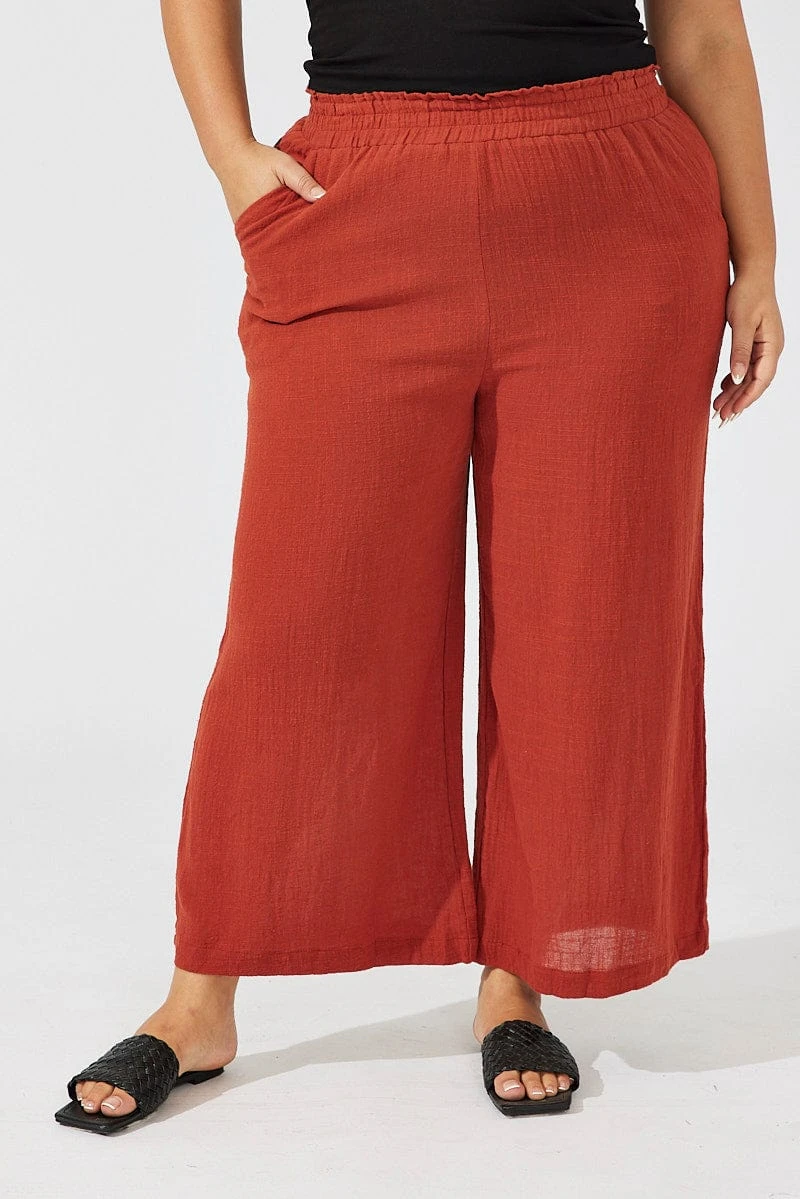 Brown Wideleg Pants Cotton Elastic Waist Textured 2 Brown Wideleg Pants Cotton Elastic Waist Textured - Image 2