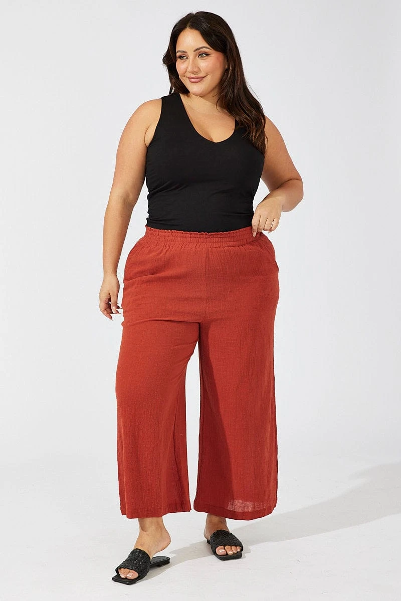 Brown Wideleg Pants Cotton Elastic Waist Textured 3 Brown Wideleg Pants Cotton Elastic Waist Textured - Image 3