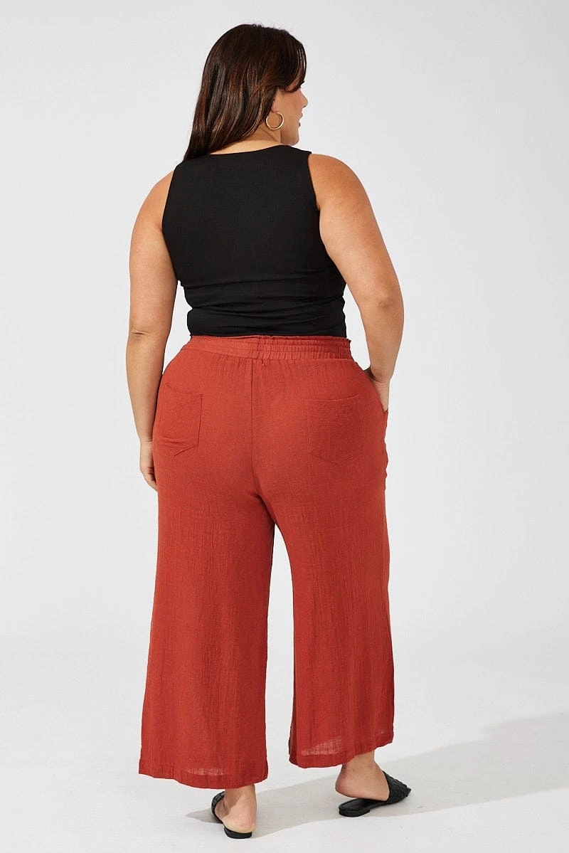 Brown Wideleg Pants Cotton Elastic Waist Textured 5 Brown Wideleg Pants Cotton Elastic Waist Textured - Image 5