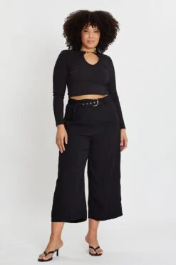 Black Wide Leg Pants High Rise Waist Tie