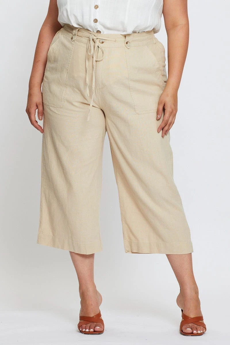Beige Wide Leg Pants High Rise Linen Blend Crop 2 Beige Wide Leg Pants High Rise Linen Blend Crop - Image 2