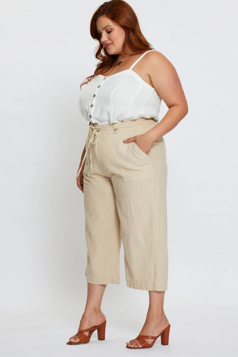 Beige Wide Leg Pants High Rise Linen Blend Crop 4 Beige Wide Leg Pants High Rise Linen Blend Crop - Image 4
