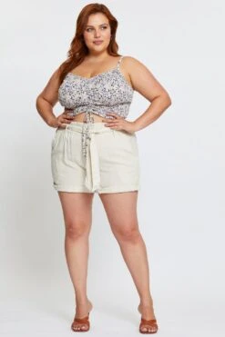 Beige Ma Shorts High Rise Linen Blend Waist Tie -You And All Fashion Store cbt25253 33lb oatmeal ma 3 1