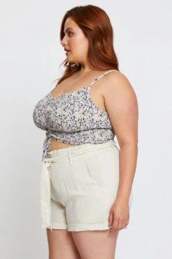 Beige Ma Shorts High Rise Linen Blend Waist Tie -You And All Fashion Store cbt25253 33lb oatmeal ma 4 1