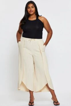 Beige Wide Leg Pants High Rise Elastic Waist Front Split -You And All Fashion Store cbt25472b 35lb oatmeal 3 1