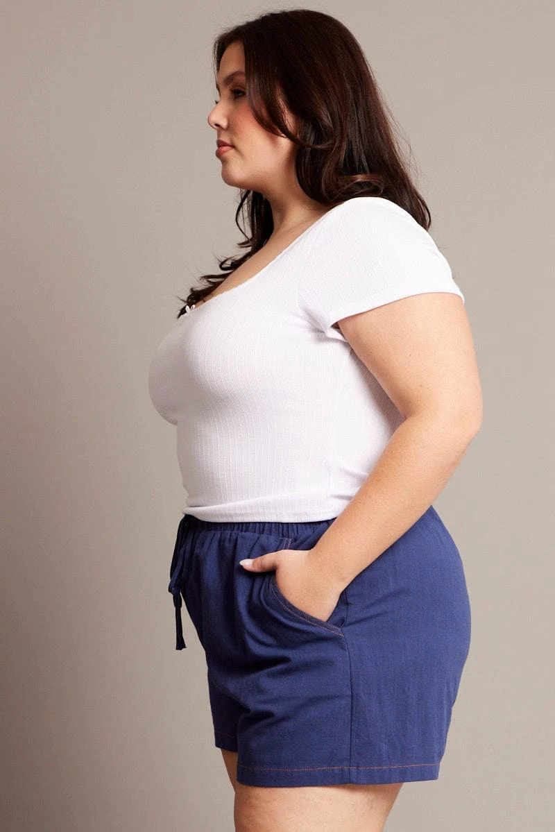 Blue Contrast Stitch Drawstring Cotton Shorts 4 Blue Contrast Stitch Drawstring Cotton Shorts - Image 4