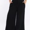Black Textured Drawstring Waist Wide Leg Pants