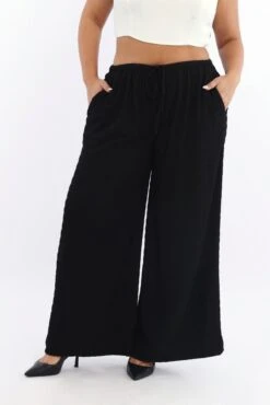 Black Textured Drawstring Waist Wide Leg Pants