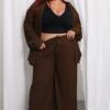 Brown Textured Drawstring Waist Wide Leg Pants