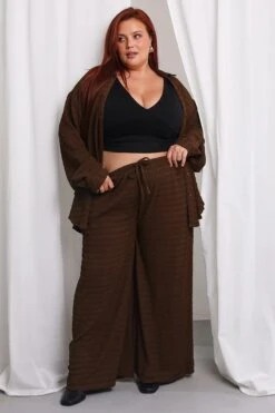 Brown Textured Drawstring Waist Wide Leg Pants